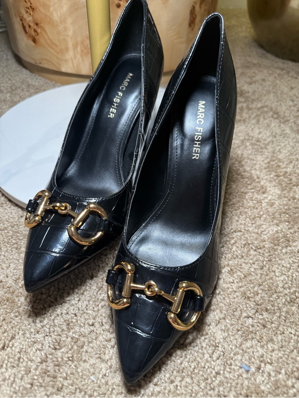Marc Fisher Black Croc Embossed Horsebit Heels 7.5